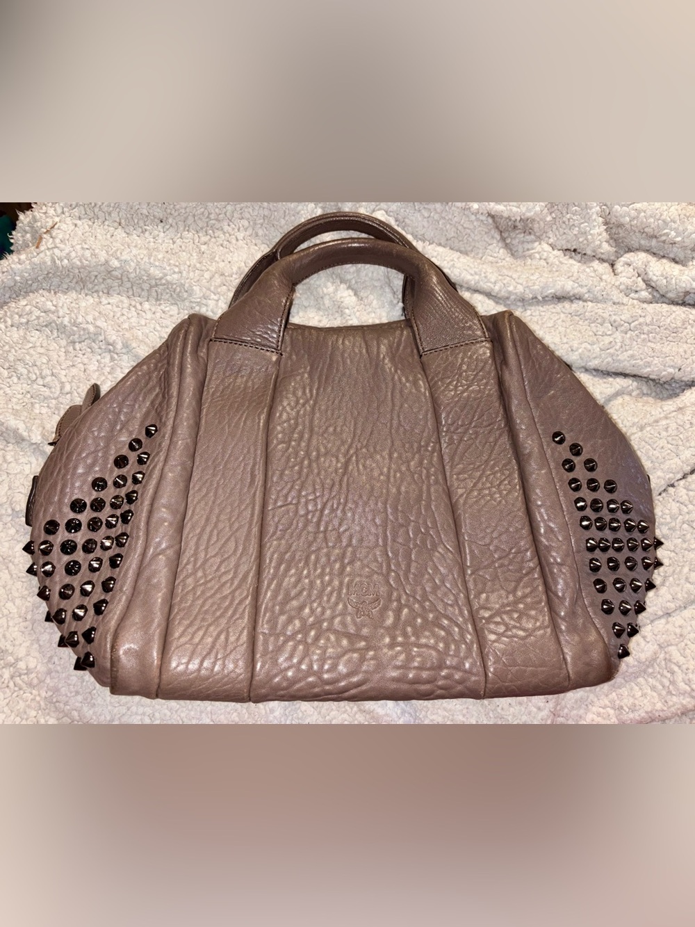 MCM Keana Gunmetal Studded Pebbled Leather Satchel Bag